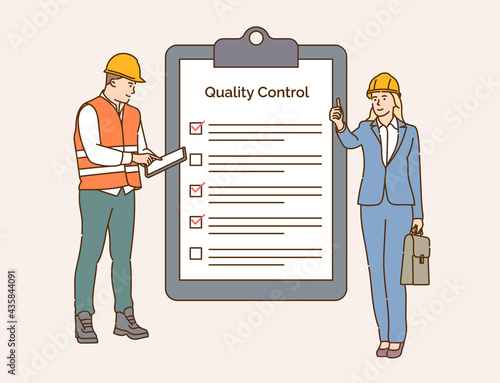 Checklist, quality control, construction industry concept. Team of engineers control and check work together