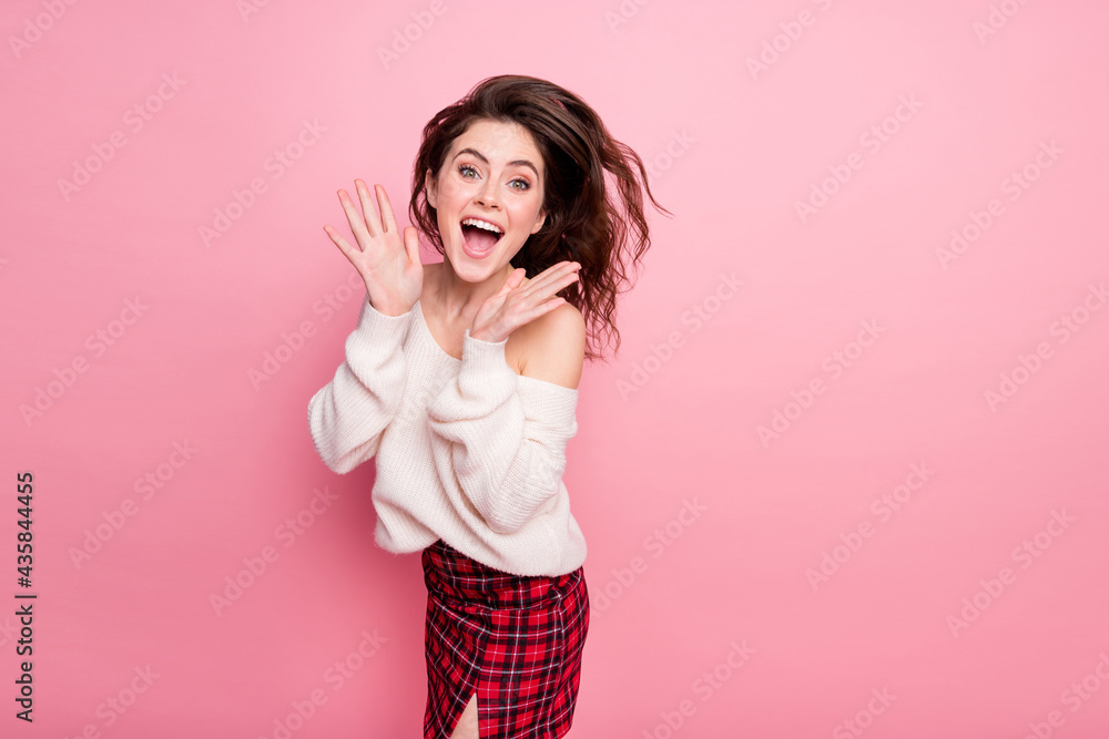 Profile side photo of young attractive girl happy positive amazed surprised sale news isolated over pink color background Profile side photo of young attractive girl happy positive amazed surprised sale news isolated over pink color background