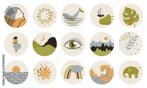 Abstract story highlight cover. Abstract various vector highlight covers with mystical and astrology objects, woman face, space objects in one line style.