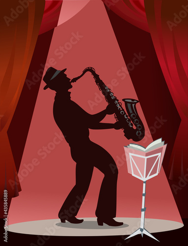 Jazz saxophone player. Saxophonist musician playing saxophone on stage