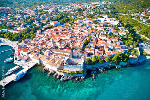 Historic Adriatic town of Krk aerial view, Island of Krk