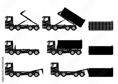 Silhouettes of roll on-off hook loading skip truck. Set of skip trucks with containers. Side view of roro skips. Flat vector.