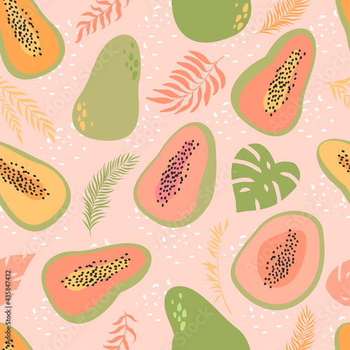 Cute, colorful tropical papaya fruit seamless vector pattern on pink background. Hand-drawn papaya. Pink, green, and golden leaves and fruits.