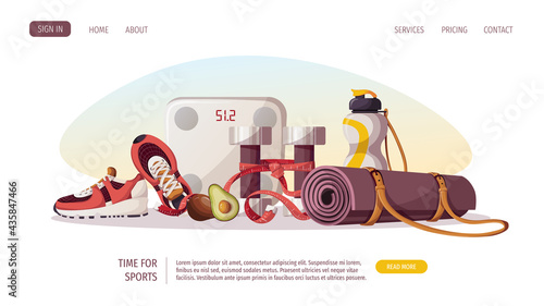 Healthy lifestyle, motivation, sport equipment, fitness, training, sportswear, sporting goods store, workout concept. Vector illustration for poster, banner, website, advertising.