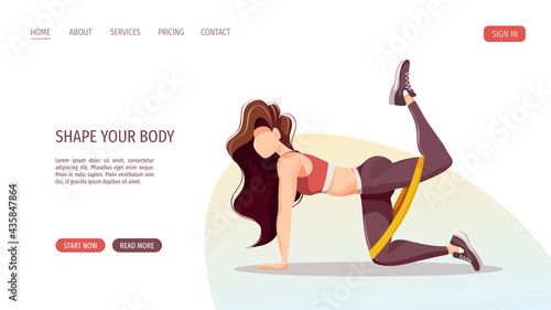 Woman doing fitness workout. Sport, Workout, Healthy lifestyle, Gym, Fitness, Flexibility, Training concept. Vector illustration for poster, banner, advertising, website.