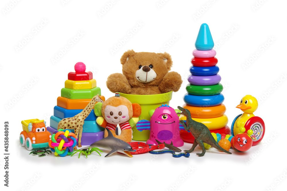 Many colorful toys isolated on white Many colorful toys isolated on white