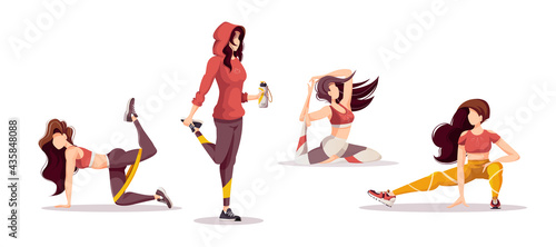 Women doing fitness training. Sport, Workout, Healthy lifestyle, Gym, Fitness, Yoga, Training concept. Isolated vector illustration for poster, banner, advertising.