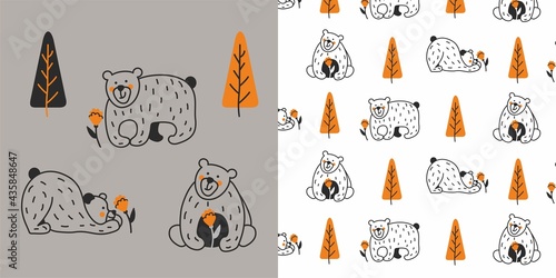 BEAR IN FOREST VECTOR ILLUSTRATION FOR KIDS TEXTIL NURSERY PATTERN