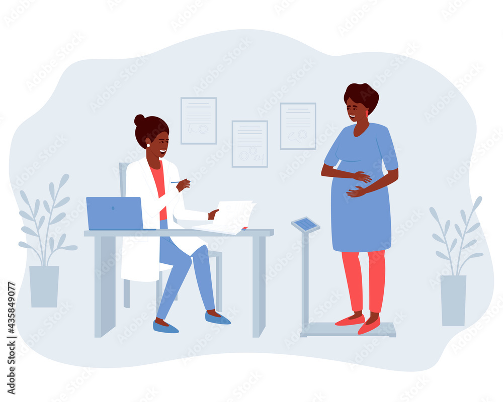 Obraz premium A pregnant African American woman at the reception of an obstetrician-gynecologist determines her weight. Another trip to the gynecological office of a pregnant woman. Flat vector illustration.