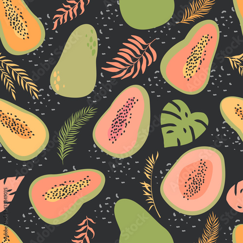 Cute, colorful tropical papaya fruit seamless vector pattern on dark background. Hand-drawn papaya. Pink, green, and golden leaves and fruits.