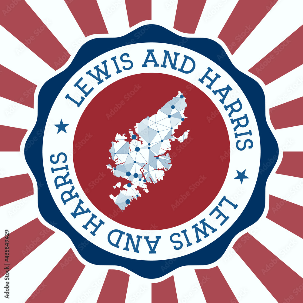 Lewis and Harris Badge. Round logo of island with triangular mesh map and radial rays. EPS10 Vector. Lewis and Harris Badge. Round logo of island with triangular mesh map and radial rays. EPS10 Vector.
