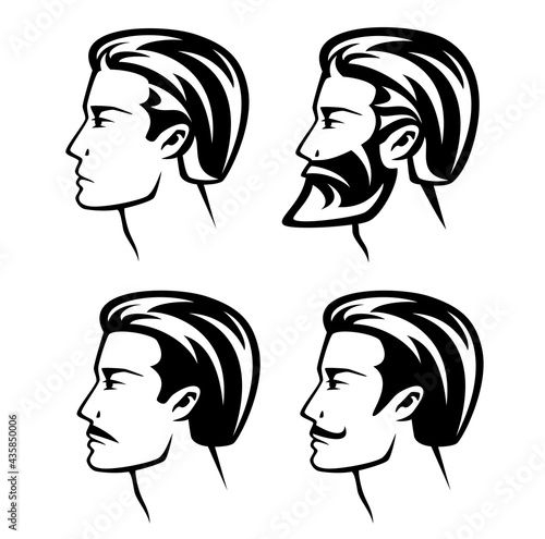 set of young man with different hairstyles, beards and mustache designs - black and white vector profile head outlines