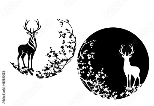 wild deer stag standing among sakura blossom branches - elegant animal wildlife black and white vector circle design set