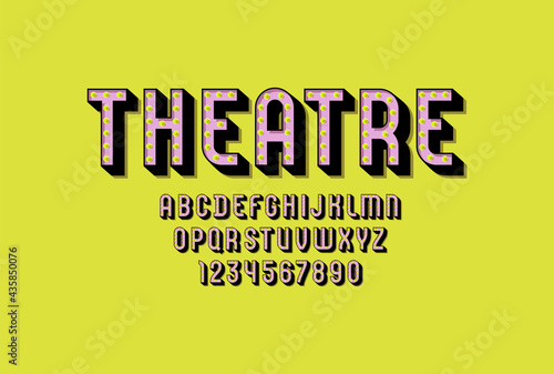 3D Font, trendy modern alphabet, condensed letters and numbers with light bulbs, vector illustration 10eps