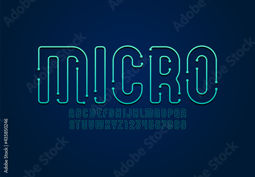Blue bright thin font, condensed alphabet sans serif, uppercase Latin letters from A to Z and Arab numbers from 0 to 9, vector illustration 10EPS