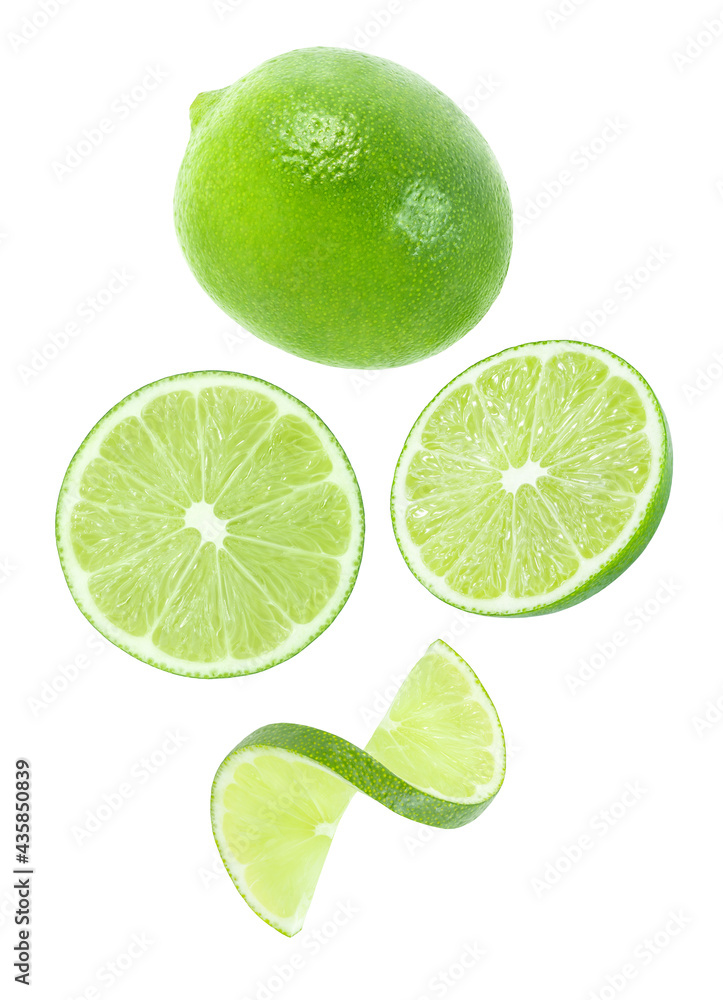 Lime whole and cut pieces falling, hanging, flying, soaring, isolated on white background, element of packaging design. Full depth of field.