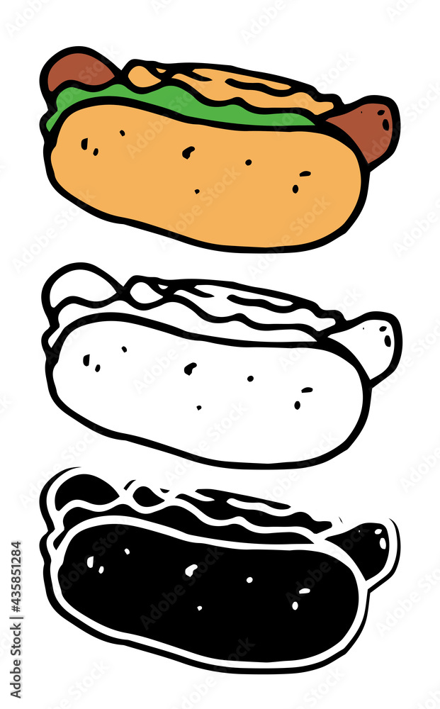 Vector set of isolated elements of street fast food HOT dog. Hot dog hand drawn in doodle style black outline and silhouette and color drawing sausage with bun and green salad for menu label design te Vector set of isolated elements of street fast food HOT dog. Hot dog hand drawn in doodle style black outline and silhouette and color drawing sausage with bun and green salad for menu label design te