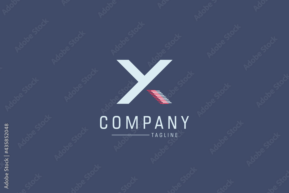 Abstract Initial Letter Y and X Linked Logo. White and Red Geometric Shapes Arrow Style isolated on Blue Background. Usable for Business and Branding Logos. Flat Vector Logo Design Template Element.