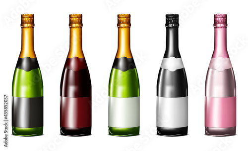 Closed colored glass champagne bottle with blank label isolated on white background, mockup. Template for design. Easy to recolor