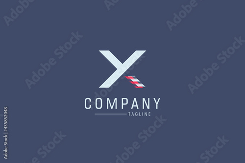 Abstract Initial Letter Y and X Linked Logo. White and Red Geometric Shapes Arrow Style isolated on Blue Background. Usable for Business and Branding Logos. Flat Vector Logo Design Template Element.