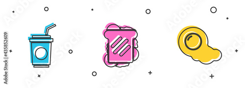 Set Paper glass with straw, Sandwich and Scrambled eggs icon. Vector