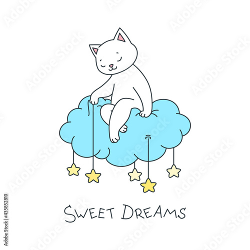 Sweet Dreams. Illustration of a cute cat sitting on a cloud and putting the stars in the sky. Vector 10 EPS.