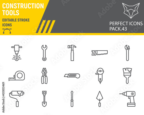 Construction tools line icon set