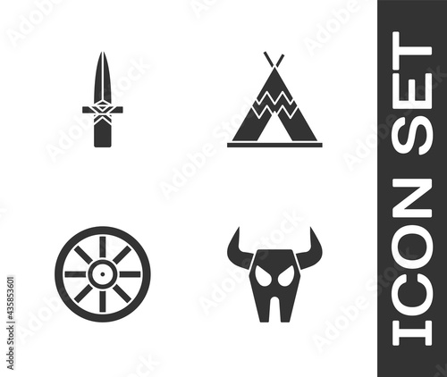 Set Buffalo skull, Dagger, Old wooden wheel and Indian teepee or wigwam icon. Vector