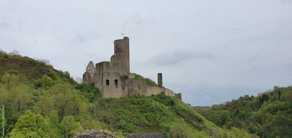 Monreal Germany May 2021 Löwenburg castle on a rainy and cloudy spring day Monreal Germany May 2021 Löwenburg castle on a rainy and cloudy spring day