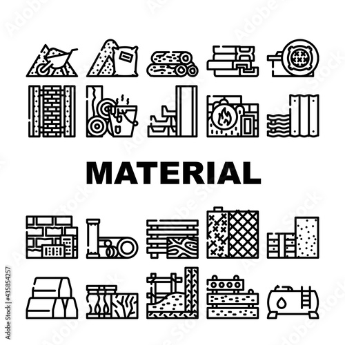 Building Material Collection Icons Set Vector. Metallic Armature Grid And Styrofoam, Bitumen And Concrete Brick Building Material Contour Illustrations