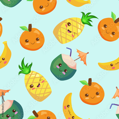 Kawaii Banana  Pineapple  Orange and Pineapple comic characters in cartoon style pattern. Funny tropical fruits repeating background. Use in children menu  card. Easy to edit vector illustration.