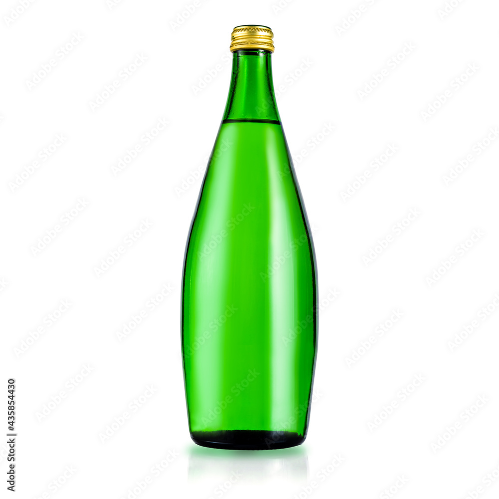 Glass green bottle with purified water. Mineral water bottle mockup. Bottle isolated on white background Glass green bottle with purified water. Mineral water bottle mockup. Bottle isolated on white background