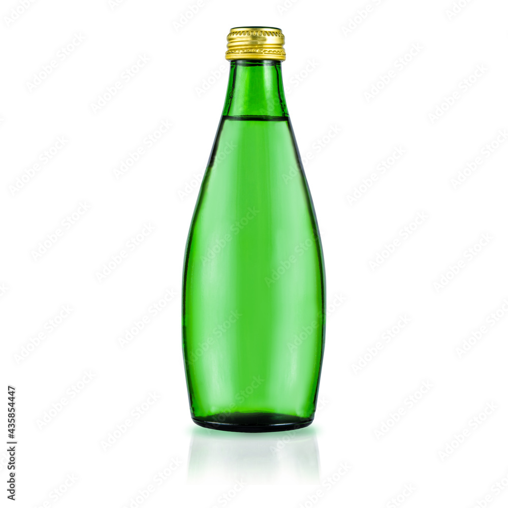 Glass green bottle with purified water. Mineral water bottle mockup. Bottle isolated on white background Glass green bottle with purified water. Mineral water bottle mockup. Bottle isolated on white background