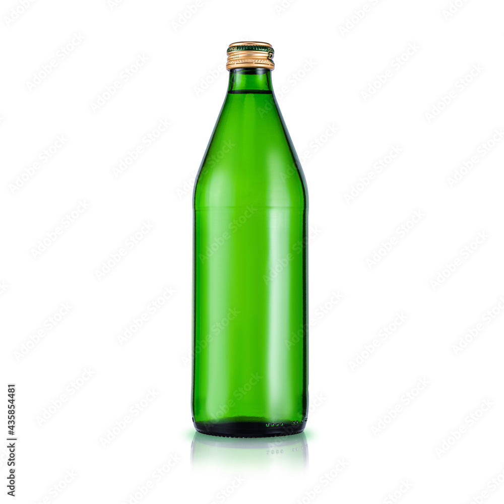 Glass green bottle with purified water. Mineral water bottle mockup. Bottle isolated on white background Glass green bottle with purified water. Mineral water bottle mockup. Bottle isolated on white background
