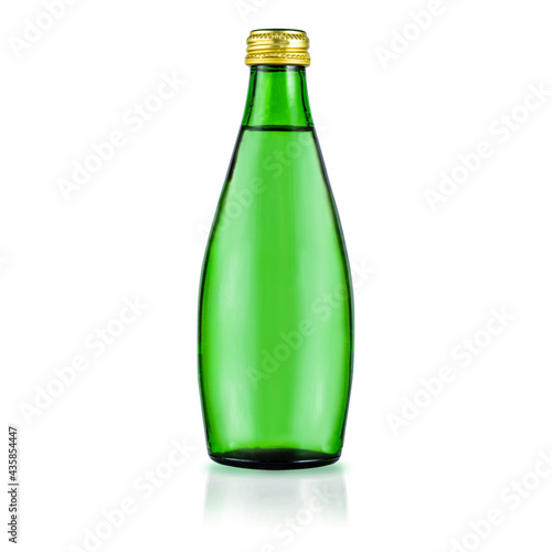Glass green bottle with purified water. Mineral water bottle mockup. Bottle isolated on white background