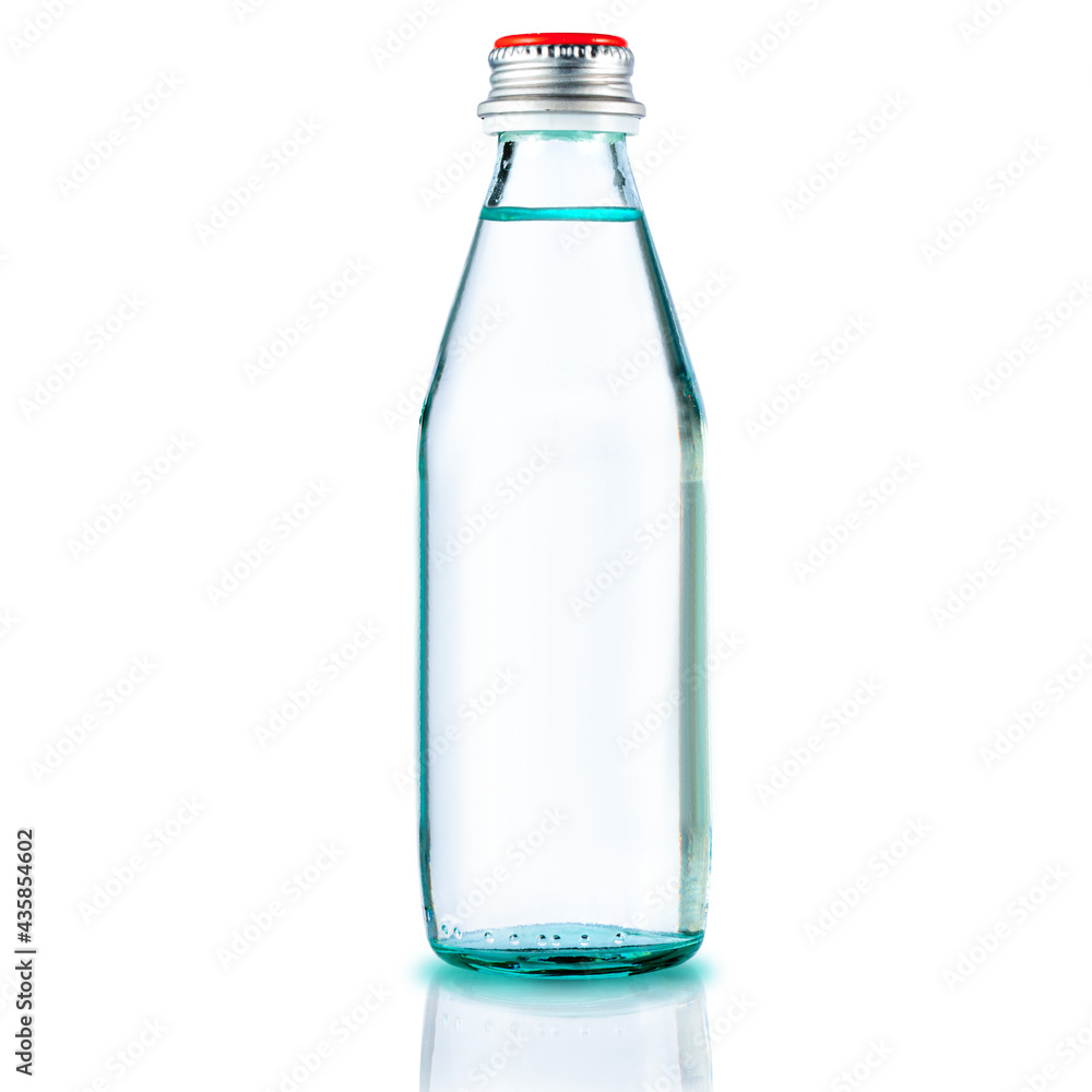 Glass bottle with purified water. Mineral water bottle mockup. Bottle isolated on white background Glass bottle with purified water. Mineral water bottle mockup. Bottle isolated on white background