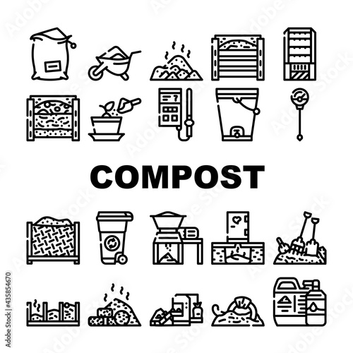 Compost Production Collection Icons Set Vector. Worms In Compost And Potted Plant, Industrial And Household Waste Shredder, Bag And Container Contour Illustrations