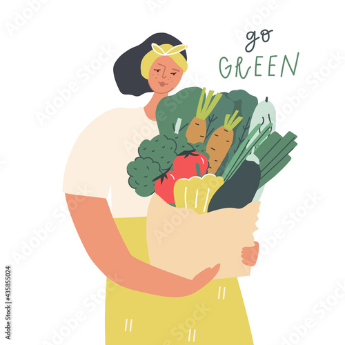 Woman with a bag of vegetables . Natural organic and vegetarian food, mindful eating concept. Handwritten text go green. Vector illustration