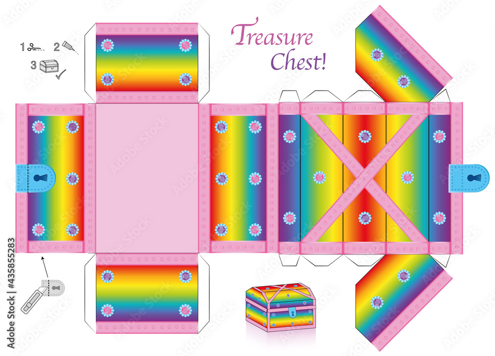 Treasure chest template. Rainbow colored paper model. Cut out, fold and  glue it. With lid that can be opened. Colorful box for precious objects,  luxury, belongings or little things. Stock Vector