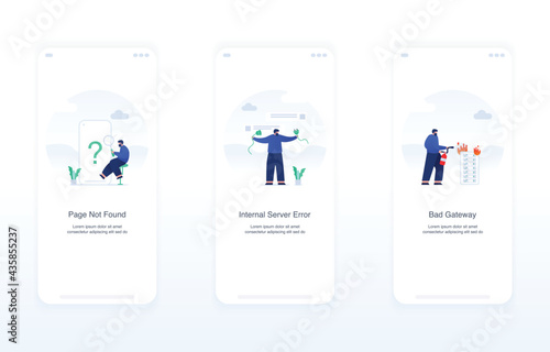 Illustration of error screens, handling exceptions, empty states. page not found 404, internal server error 500, bad gateway 502. Modern flat design concept ui ux.