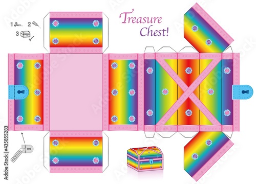 Treasure chest template. Rainbow colored paper model. Cut out, fold and glue it. With lid that can be opened. Colorful box for precious objects, luxury, belongings or little things.
