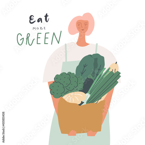 Woman with a bag of vegetables and greens. Natural organic and vegetarian food, healthy mindful eating concept. Handwritten text eat more green. Vector illustration