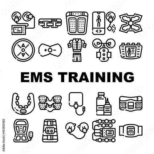 Ems Training Device Collection Icons Set Vector. Stimulator With Strap And Suction Cups, Massager For Feet And Stimulant For Press Ems Training Contour Illustrations
