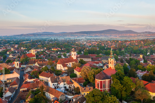 Szentendre, Hungary - Amazing aerial view about the Belgrade serbian orthodox cathedral and St. John's Parish Church in the heart of the city.
