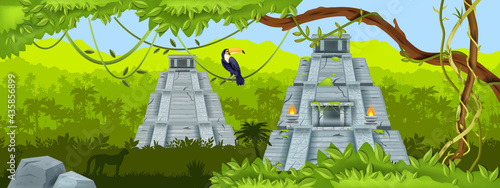 Maya ancient pyramid, jungle vector landscape, Mexico Aztec temple ruin, toucan, tropical rainforest. Travel green landmark background, archaeological stone structure. Maya pyramid, vine, liana, trees