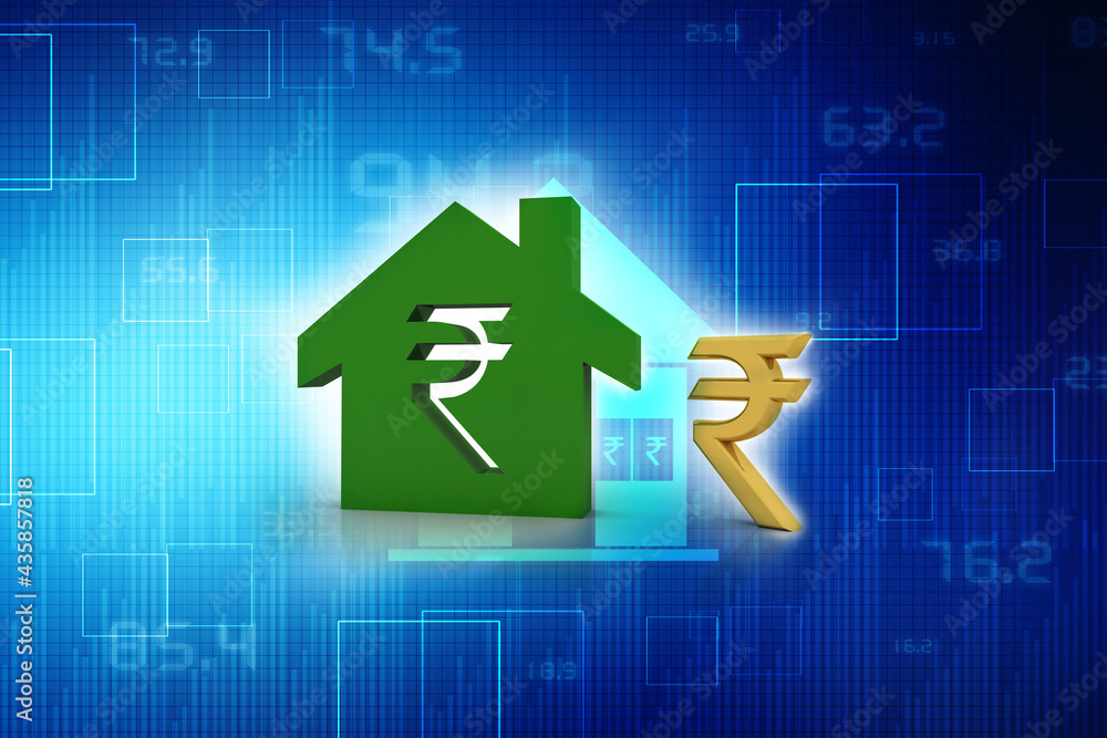 3D rendering Real estate industry-house on indian rupee 3D rendering Real estate industry-house on indian rupee
