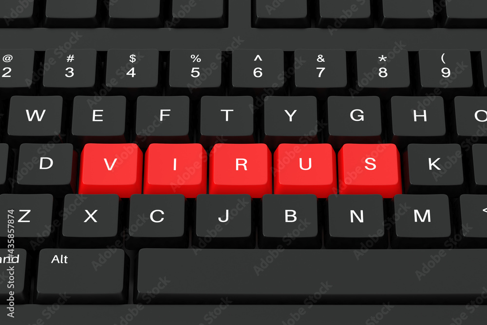 Virus sign written with red keys on a black keyboard. 3d render illustration