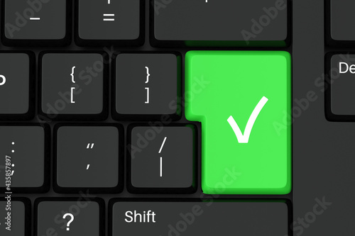 Green tick button on a black keyboard. Normal PC keys with additional green check mark button. 3d render illustration photo