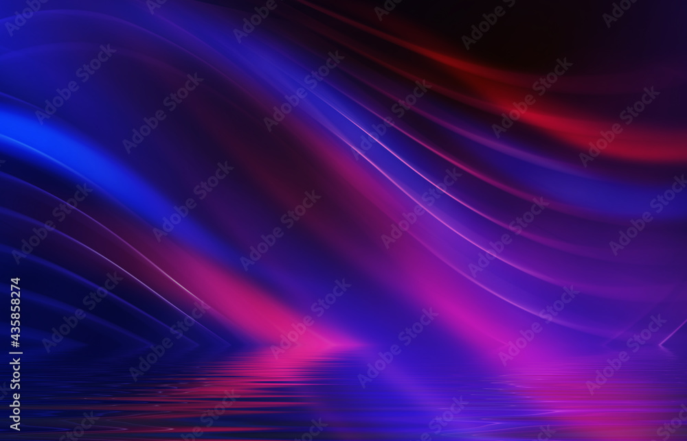 Abstract background. Neon multicolor light reflects off water. Beach party, light show. Blurry lights glisten on the surface. 3d illustration Abstract background. Neon multicolor light reflects off water. Beach party, light show. Blurry lights glisten on the surface. 3d illustration