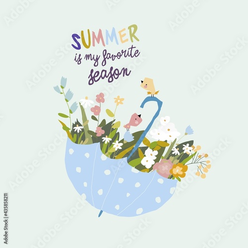 Blue umbrella with flowers and birds. Hello Summer